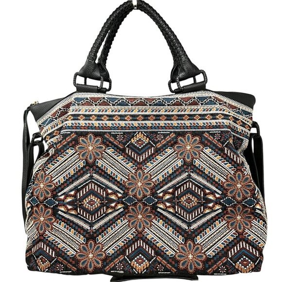 Johnny Was Workshop Molly Tote Weekender Bag Black Floral Embroidery Leather - Picture 6 of 15